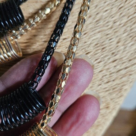 Black and Gold Metal Coils on Goldtone  Black Chains Necklace - Picture 3 of 5
